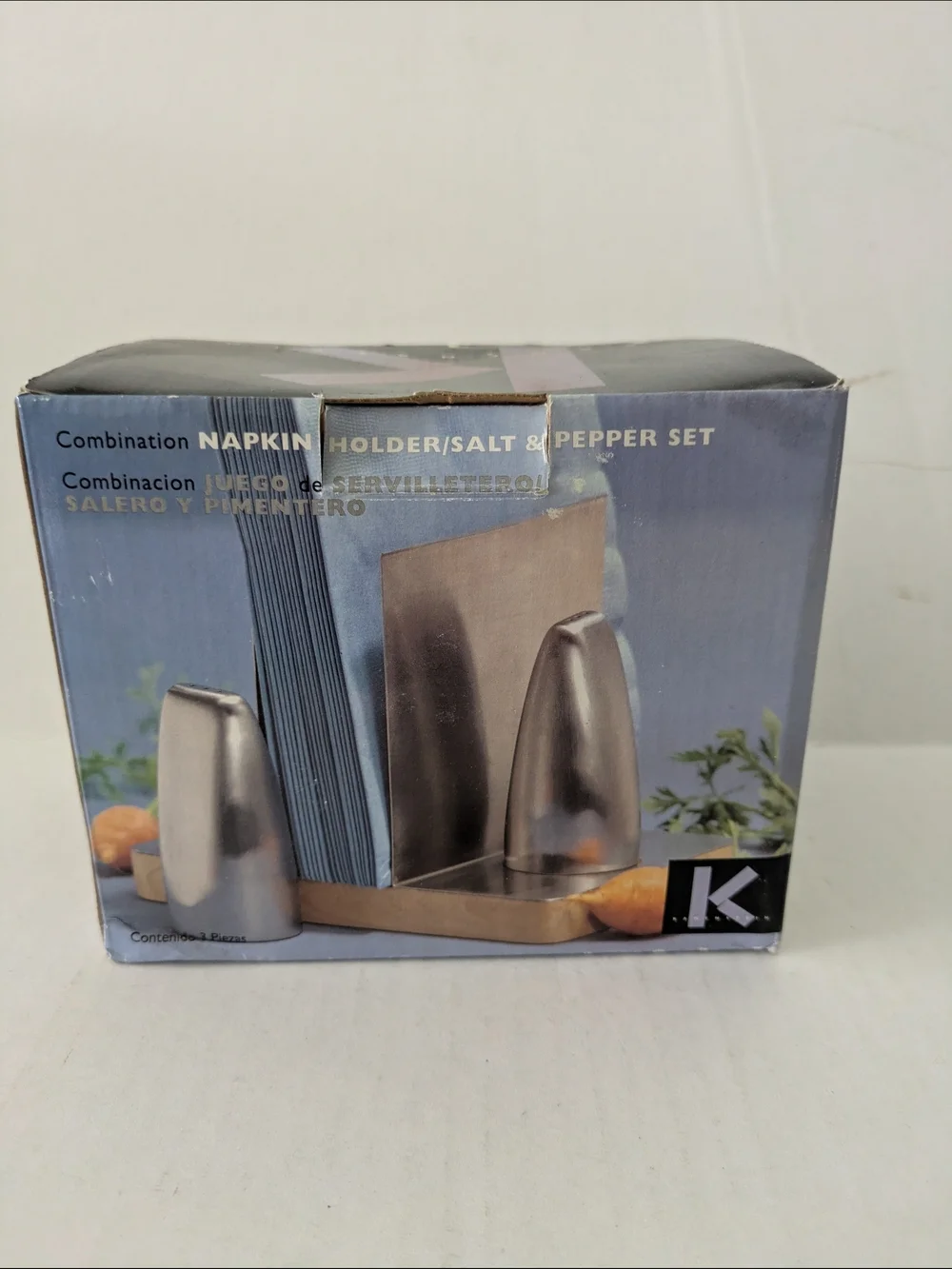 Modern Stainless Steel and Wood Salt & Pepper Set. New In Box